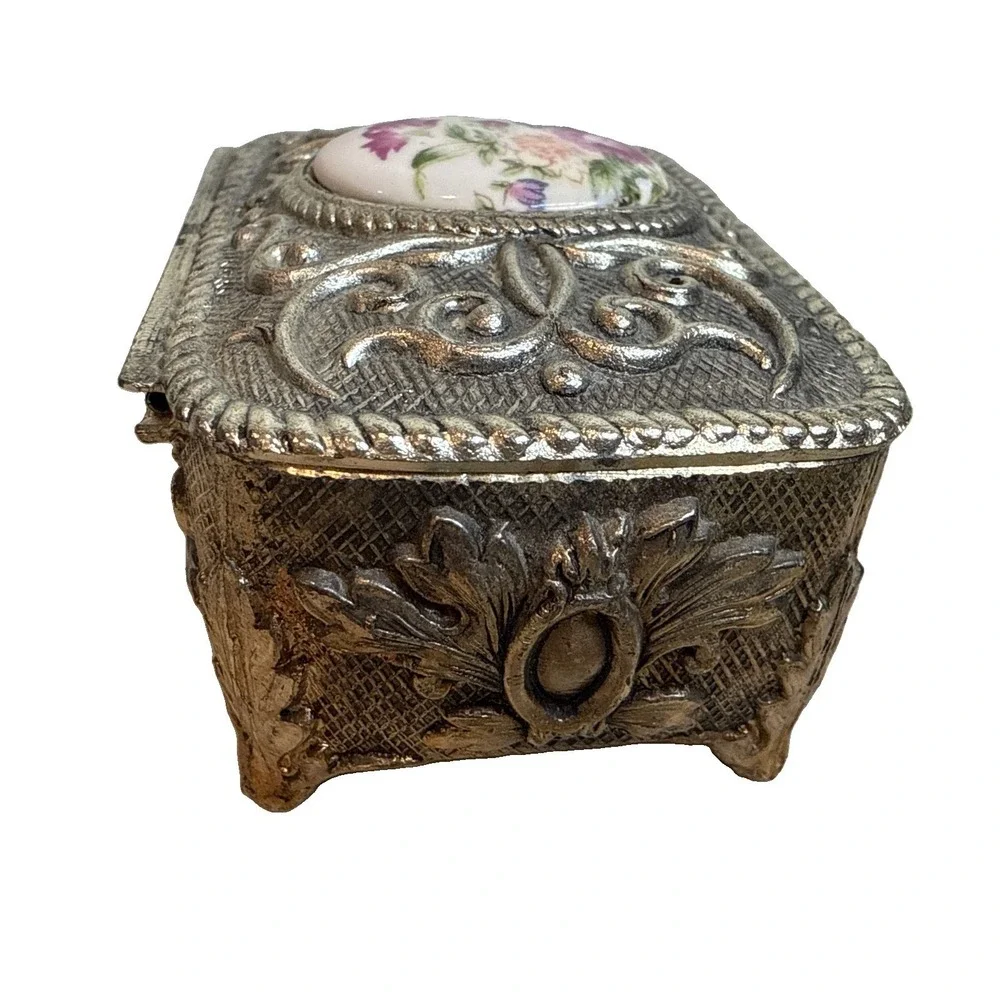 Victorian Style Rose Cameo Vanity Trinket Box Vintage Japan Signed Red Velvet